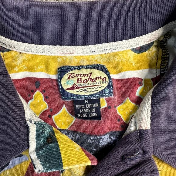 VINTAGE Tommy Bahama Shirt Mens Medium Yellow Blue Polynesian Tribal Polo 90s - Picture 4 of 10